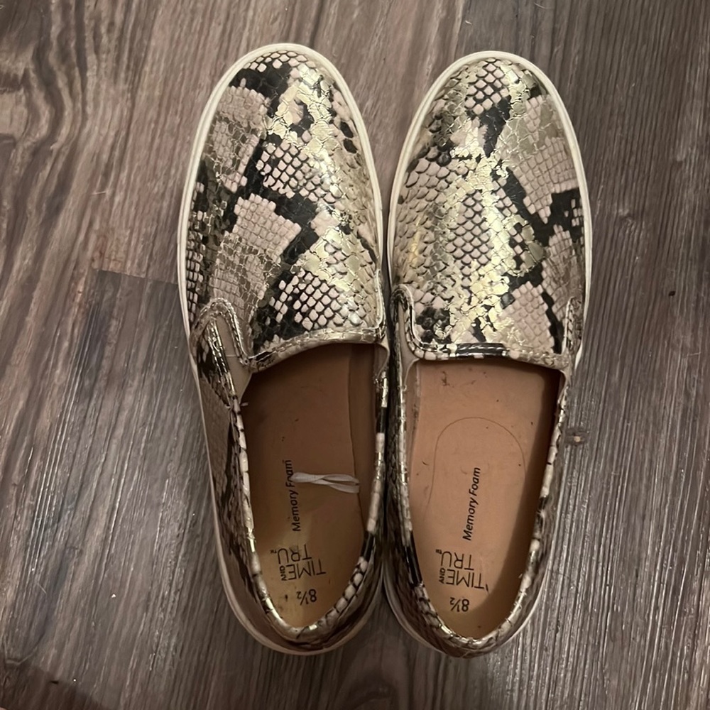 Time and Tru snake skin print slip on shoes.